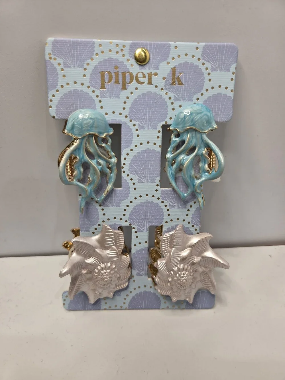 💙▪️Piper K ▪️ Ocean Jellyfish and Shell Hair Claw Clip- Aqua/ Pearl Set Of 4